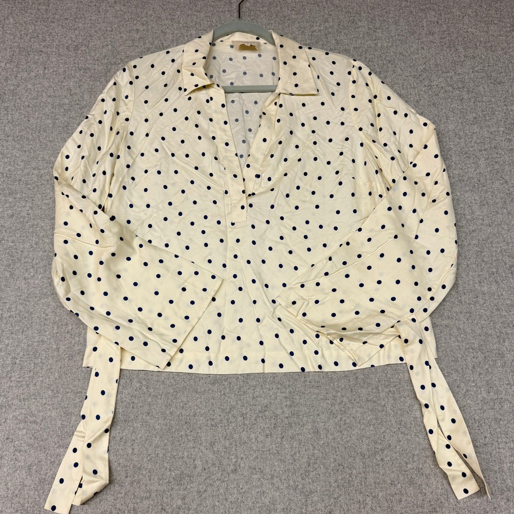 Sezane | Polka Dot Silk Blend Blouse | 40 | Cream Navy | Tie Cuff V-Neck Top